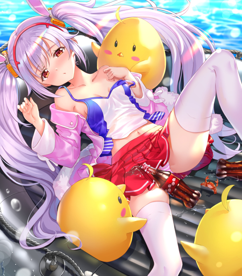 1girl animal animal_ears azur_lane bare_shoulders bird blush bottle breasts camisole chick closed_mouth collarbone commentary_request crab day feet_out_of_frame hair_ornament hairband hands_up highres inflatable_raft jacket knee_up laffey_(azur_lane) long_hair long_sleeves looking_at_viewer lying manjuu_(azur_lane) midriff navel off_shoulder on_back open_clothes open_jacket outdoors panties pink_jacket rabbit_ears red_eyes red_hairband silver_hair skirt small_breasts solo striped striped_panties swordsouls thigh-highs twintails underwear very_long_hair water wet wet_clothes wet_skirt white_camisole white_legwear