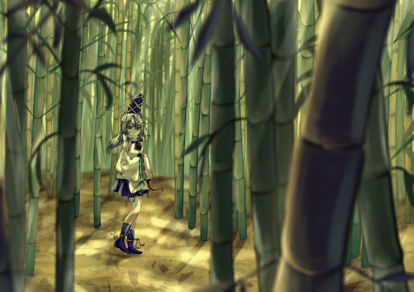 1girl :o arms_up bamboo bamboo_forest blue_eyes blue_headwear blue_skirt blurry blurry_background blurry_foreground commentary_request day depth_of_field eyebrows_visible_through_hair forest hair_between_eyes hat highres japanese_clothes kariginu leg_lift long_ponytail looking_at_viewer miniskirt mononobe_no_futo nature outdoors sachisudesu scenery silver_hair skirt sleeves_past_fingers sleeves_past_wrists solo standing standing_on_one_leg tate_eboshi touhou wide_shot