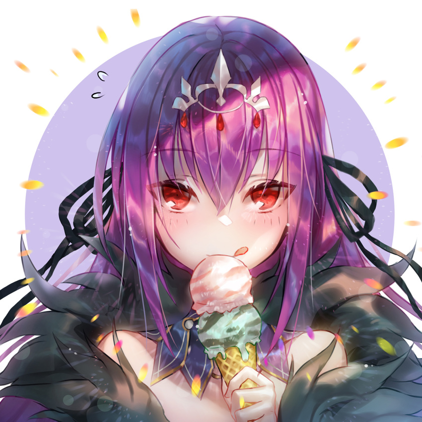 1girl :q bangs commentary_request double_scoop dress emoillu fate/grand_order fate_(series) feather_trim food fur-trimmed_dress fur_trim hair_between_eyes headpiece highres ice_cream ice_cream_cone looking_at_viewer purple_dress purple_hair purple_ribbon red_eyes ribbon scathach_(fate)_(all) scathach_skadi_(fate/grand_order) solo tiara tongue tongue_out
