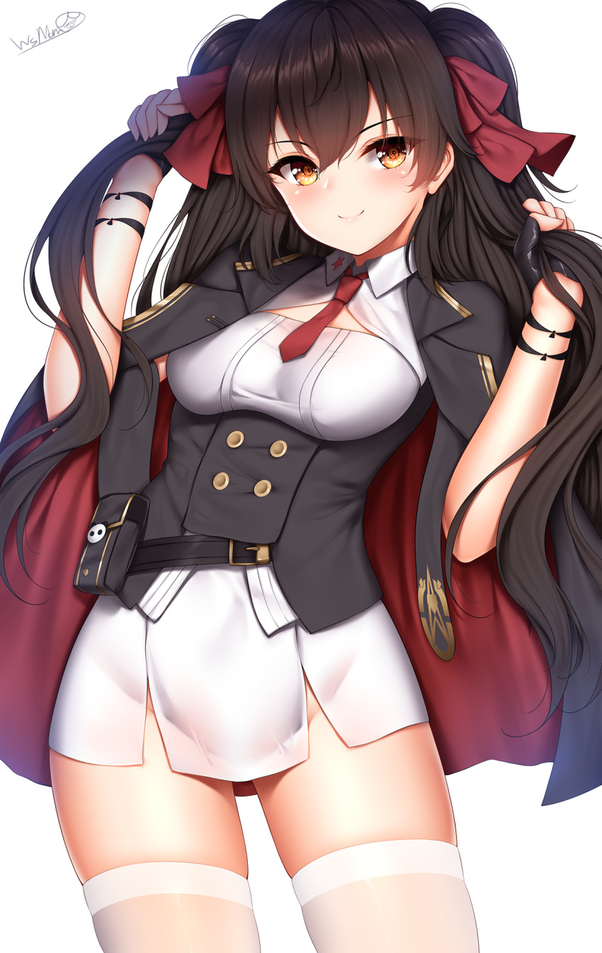 1girl bangs black_hair blush breasts brown_eyes brown_hair cowboy_shot double-breasted eyebrows_visible_through_hair fingerless_gloves girls_frontline gloves hair_between_eyes hair_ribbon highres holding holding_hair long_hair looking_at_viewer necktie pleated_skirt pouch qbz-97_(girls_frontline) red_ribbon ribbon shirt signature simple_background skindentation skirt smile solo thigh-highs thighs twintails underbust very_long_hair white_background white_legwear white_shirt wsman