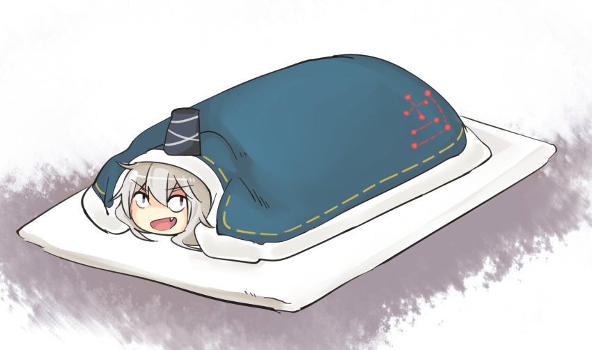 1girl fang fang_out futon grey_eyes grey_hair hair_between_eyes hat highres looking_back lying mononobe_no_futo on_stomach open_mouth pun simple_background smile solo touhou vento