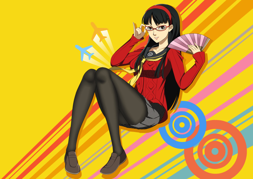 1girl absurdres adjusting_eyewear aircraft airplane amagi_yukiko black_hair black_legwear cardigan commentary fan glasses hairband highres hime_cut holding holding_fan houndstooth loafers long_hair nottme pantyhose paper_fan persona persona_4 pinky_out pleated_skirt red_hairband red_sweater school_uniform shoes skirt smile solo sweater yasogami_school_uniform