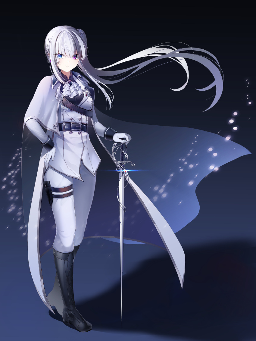 1girl absurdres bangs black_footwear breasts cape commentary copyright_request eyebrows_visible_through_hair full_body grey_hair heterochromia highres holding holding_sword holding_weapon jacket knight large_breasts long_hair long_sleeves looking_at_viewer onsem side_ponytail silver_hair solo standing sword uniform weapon white_cape white_jacket white_legwear white_neckwear