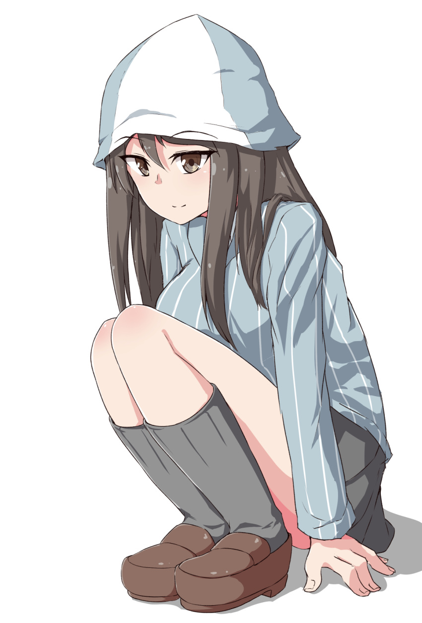 1girl blue_headwear blue_shirt brown_eyes brown_footwear brown_hair closed_mouth commentary dress_shirt eyebrows_visible_through_hat full_body girls_und_panzer grey_legwear grey_skirt hat highres keizoku_school_uniform loafers long_hair long_sleeves looking_at_viewer mika_(girls_und_panzer) miniskirt nenosame pleated_skirt school_uniform shadow shirt shoes simple_background skirt smile socks solo squatting striped striped_shirt vertical-striped_shirt vertical_stripes white_background white_shirt