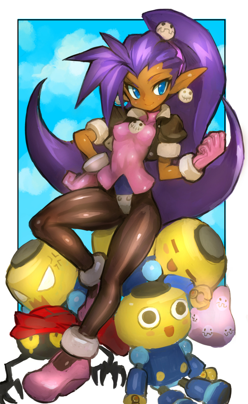1girl blue_eyes blush breasts clouds company_connection cosplay cropped_jacket dakusuta dark_skin earrings full_body gloves hand_on_hip highres jewelry kobun long_hair pantyhose pink_gloves pointy_ears ponytail puffy_short_sleeves puffy_sleeves purple_hair robot rockman rockman_dash shantae_(character) shantae_(series) short_sleeves smile solo tron_bonne tron_bonne_(cosplay) very_long_hair