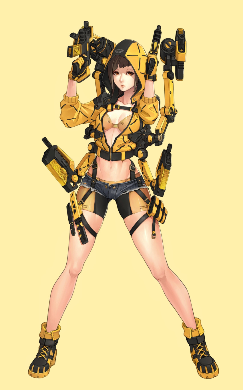 1girl absurdres black_footwear breasts brown_eyes brown_hair commentary denim destiny_child english_commentary full_body gloves gun highres holding holding_gun holding_weapon hood knife looking_at_viewer medium_breasts midriff navel pouch short_hair short_shorts shorts soldier solo standing weapon wei_(kaminari0411) yellow_background yellow_gloves