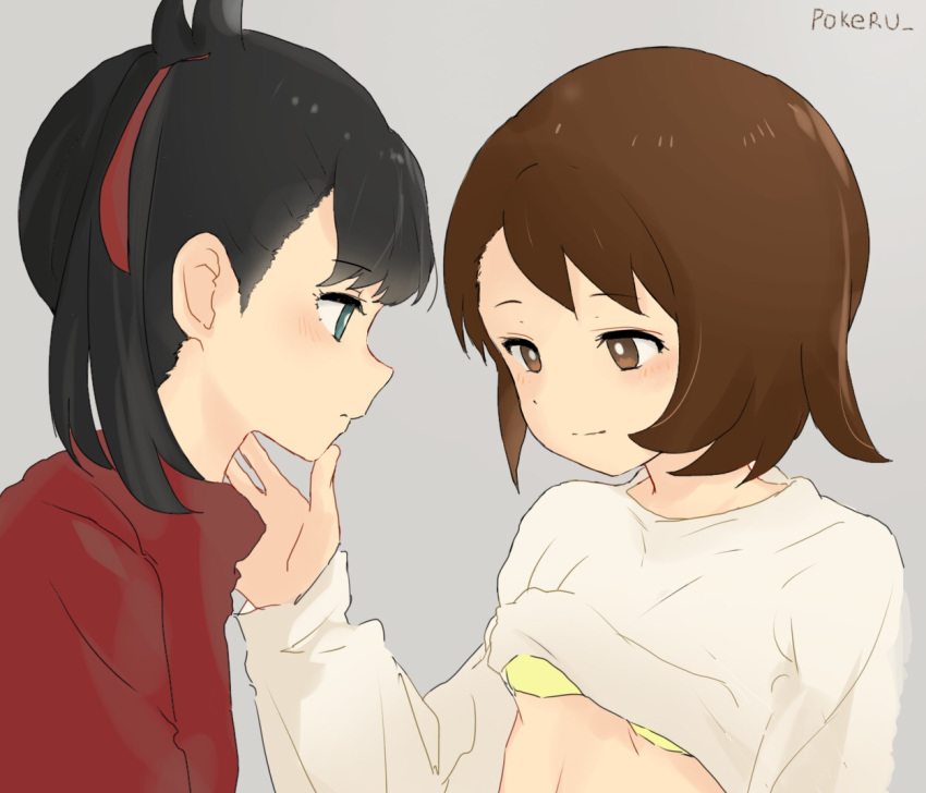 2girls black_hair bra brown_eyes brown_hair grey_cardigan long_sleeves mary_(pokemon) multiple_girls pokemon pokemon_(game) pokemon_swsh red_sweater short_hair smile sweater twintails underwear yano_(spirit1022) yuri yuuri_(pokemon)