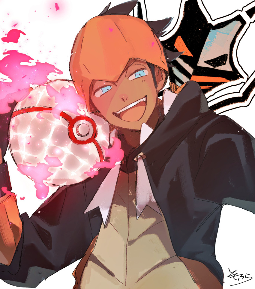 1boy :d black_gloves black_hair black_jacket blue_eyes brown_shirt commentary_request dark_skin dark_skinned_male dynamax_ball fingerless_gloves gloves hand_up highres jacket kibana_(pokemon) male_focus open_clothes open_jacket open_mouth orange_headwear poke_ball pokemon pokemon_(game) pokemon_swsh shirt signature smile sofra solo upper_body upper_teeth white_background