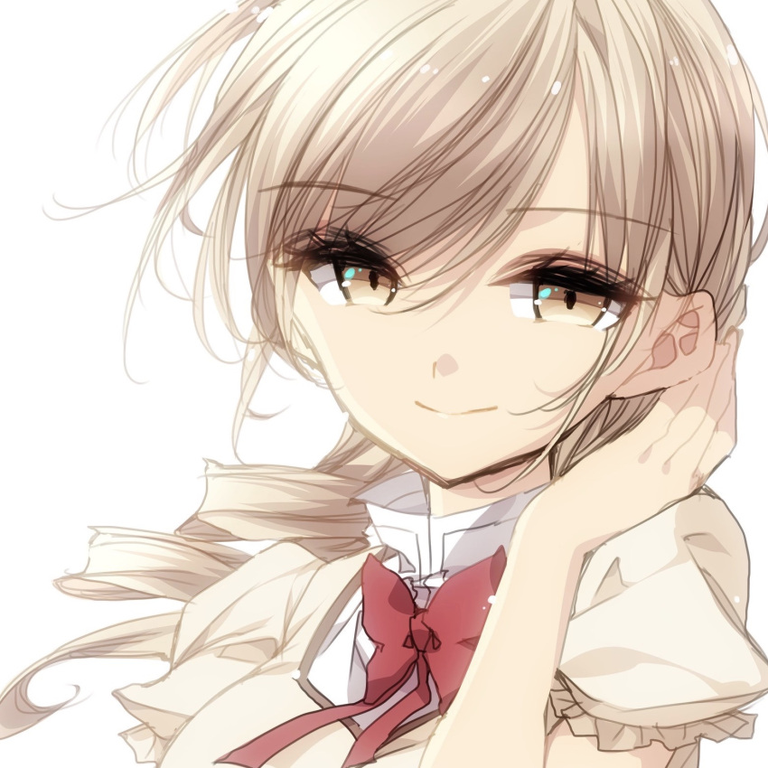 1girl backlighting blonde_hair close-up collar_up collared_shirt drill_hair eyebrows_visible_through_hair eyelashes eyes_visible_through_hair face floating_hair half-closed_eyes hand_in_hair hand_up happy highres light_particles light_smile looking_at_viewer mahou_shoujo_madoka_magica misteor mitakihara_school_uniform neck_ribbon puffy_short_sleeves puffy_sleeves ribbon school_uniform shiny shiny_hair shirt short_sleeves simple_background smile solo tomoe_mami twin_drills uniform upper_body white_background yellow_eyes