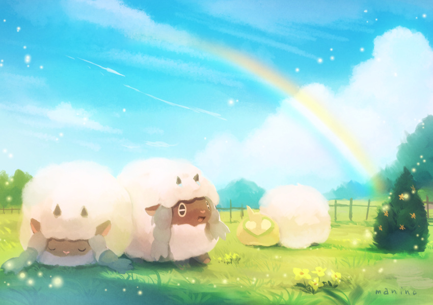 blue_sky bush clouds fence flower gen_8_pokemon grass highres manino_(mofuritaionaka) meadow no_humans pokemon pokemon_(game) pokemon_swsh rainbow scenery signature sky sleeping wooloo yamper