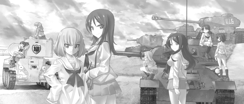 6+girls absurdres aki_(girls_und_panzer) alina_(girls_und_panzer) alternate_costume arm_support arms_behind_back bangs binoculars blouse bt-42 carrying clara_(girls_und_panzer) closed_mouth clouds cloudy_sky crossed_legs day emblem eyebrows_visible_through_hair from_below from_side frown fur_hat girls_und_panzer grass greyscale ground_vehicle hand_on_hip hat hat_removed headwear_removed highres inou_takashi is-2 katyusha keizoku_(emblem) kv-2 leaning_back loafers long_hair long_sleeves looking_at_another looking_at_viewer looking_back mika_(girls_und_panzer) mikko_(girls_und_panzer) military military_vehicle miniskirt monochrome motor_vehicle multiple_girls neckerchief nina_(girls_und_panzer) no_hat no_headwear nonna ooarai_school_uniform open_mouth outdoors oversized_clothes pleated_skirt pravda_(emblem) school_uniform serafuku shoes short_hair short_twintails sitting skirt sky sleeves_past_fingers sleeves_past_wrists smile socks squatting sunlight swept_bangs t-34 tank twintails ushanka v-shaped_eyebrows