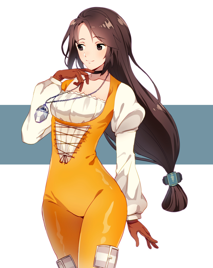 1girl absurdres bangs black_choker blue_background blush bodysuit breasts brown_eyes brown_gloves brown_hair choker closed_mouth collarbone eyebrows_visible_through_hair final_fantasy final_fantasy_ix garnet_til_alexandros_xvii gloves groin hand_up highres jewelry juliet_sleeves long_hair long_sleeves looking_away numbers_(boars) orange_bodysuit parted_bangs pendant puffy_sleeves shirt small_breasts smile solo two-tone_background very_long_hair white_background white_shirt