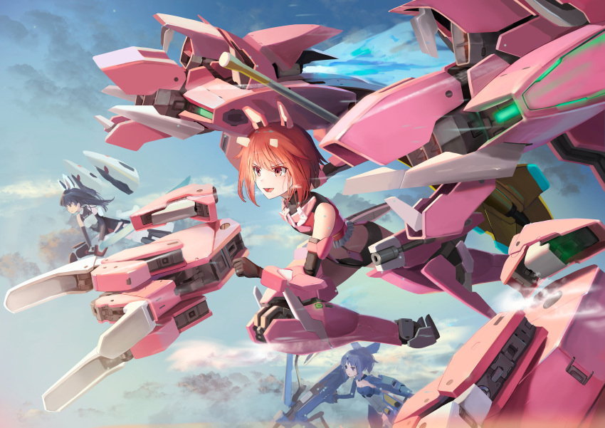 3girls absurdres agatsuma_kaede alice_gear_aegis black_hair blue_hair clouds commentary_request elbow_gloves flying gloves gun headgear highres himukai_rin holding holding_gun holding_sword holding_weapon leotard long_hair mace mecha_musume mechanical_horns mechanical_parts multiple_girls open_mouth polearm red_eyes redhead short_hair short_shorts shorts sky smile sunga2usagi sword takanashi_rei weapon