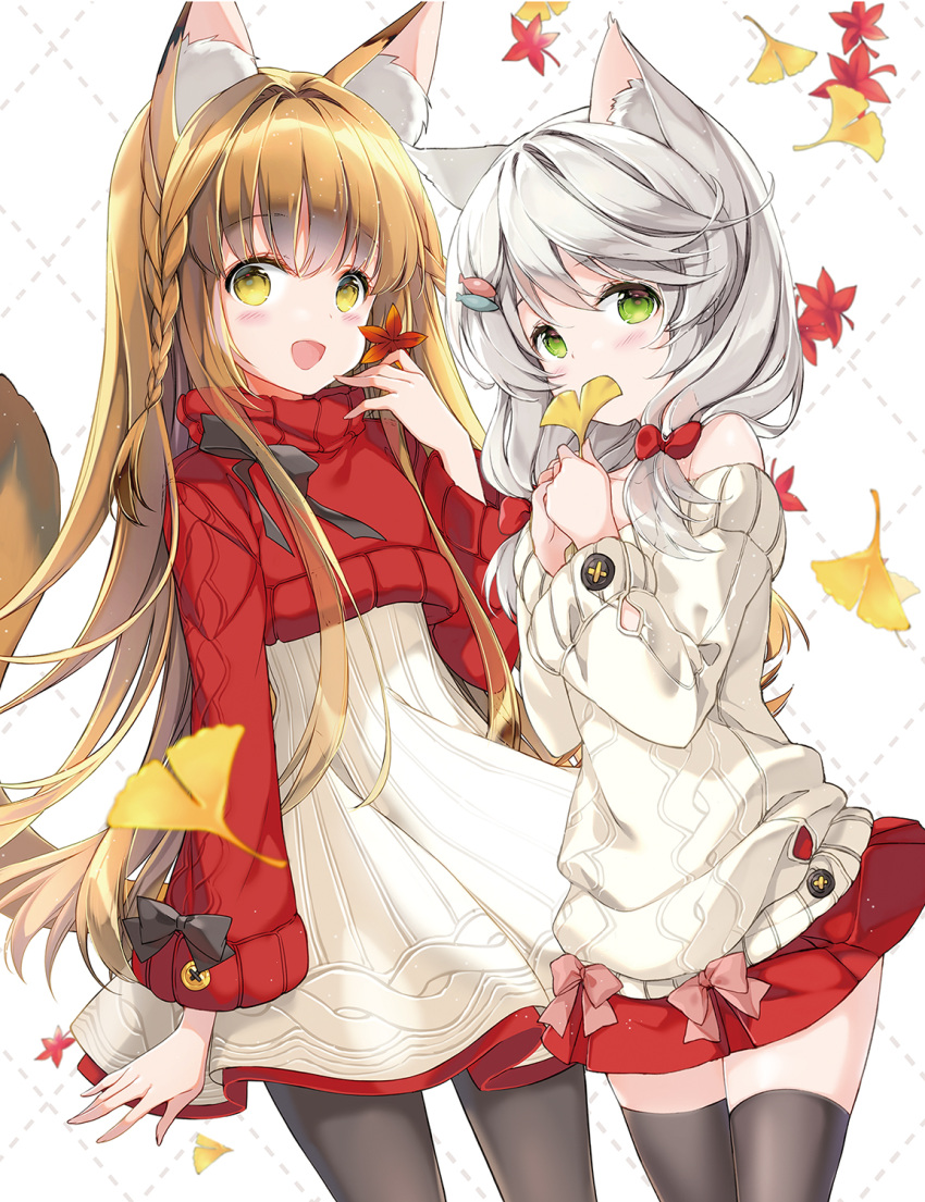 2girls animal_ear_fluff animal_ears autumn_leaves bangs bare_shoulders black_bow black_legwear blush bow brown_hair cat_ears cat_girl cat_tail commentary_request cropped_sweater eyebrows_visible_through_hair ginkgo_leaf green_eyes grey_hair hair_between_eyes hair_bow high-waist_skirt highres holding holding_leaf juna leaf long_hair multiple_girls off-shoulder_sweater off_shoulder original pantyhose pink_bow pleated_skirt red_bow red_skirt red_sweater side_braids skirt sweater tail thigh-highs very_long_hair white_skirt white_sweater wide_sleeves