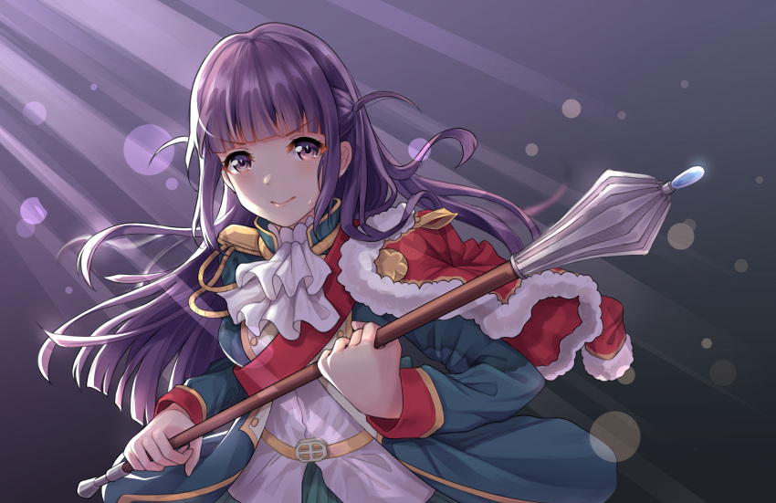 1girl bangs blunt_bangs cravat dark_background highres light_rays long_hair long_sleeves looking_at_viewer mace purple_hair shoujo_kageki_revue_starlight smile solo standing sweatdrop tsuyuzaki_mahiru unnik violet_eyes weapon