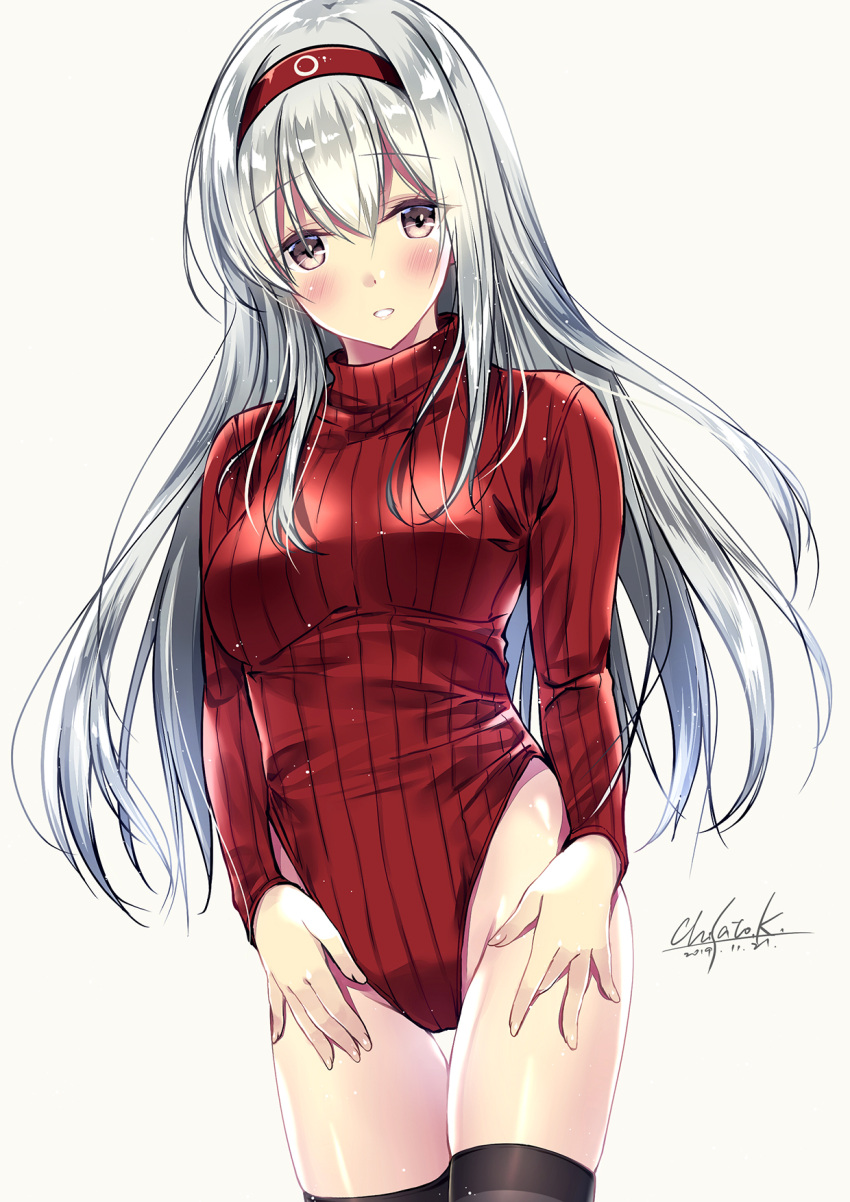 1girl black_legwear breasts brown_eyes commentary_request cowboy_shot dated hands_on_own_thighs headband highleg highleg_leotard highres kantai_collection kobayashi_chisato large_breasts leotard long_hair long_sleeves looking_at_viewer meme_attire parted_lips red_sweater ribbed_sweater shoukaku_(kantai_collection) signature silver_hair simple_background solo sweater thigh-highs thigh_gap thighs turtleneck turtleneck_sweater white_background