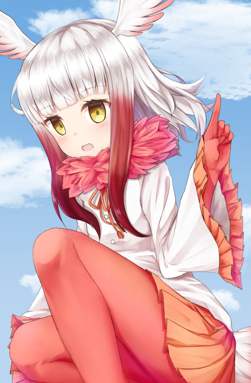 1girl bangs bird_tail blouse blue_sky blunt_bangs clouds cloudy_sky commentary_request day eyebrows_visible_through_hair frilled_sleeves frills fur_collar gloves head_wings highres japanese_crested_ibis_(kemono_friends) kemono_friends legs long_hair long_sleeves looking_at_viewer multicolored_hair nenosame open_mouth outdoors pantyhose partial_commentary pleated_skirt pointing pointing_up red_legwear redhead skirt sky smile solo squatting white_blouse white_hair wide_sleeves yellow_eyes