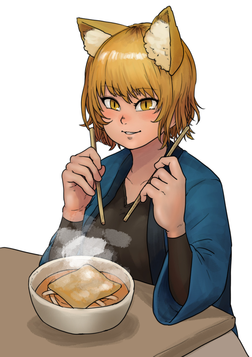 1girl absurdres aburaage alternate_costume animal_ear_fluff animal_ears bangs black_shirt blonde_hair blush bowl chanta_(ayatakaoisii) chopsticks collarbone commentary_request eyebrows_visible_through_hair food fox_ears hands_up haori highres holding holding_chopsticks japanese_clothes long_sleeves looking_at_viewer no_hat no_headwear parted_lips shirt short_hair simple_background slit_pupils solo soup steam table touhou upper_body white_background wide_sleeves yakumo_ran yellow_eyes