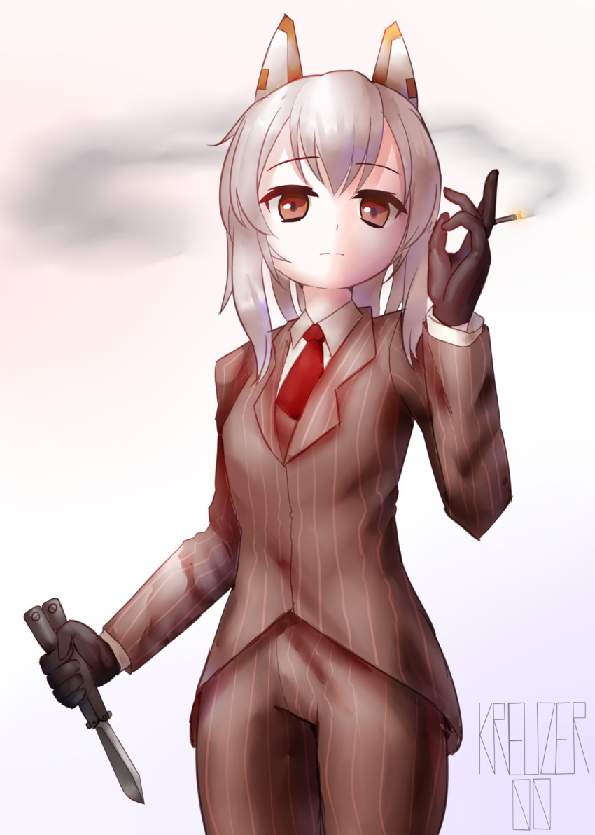 1girl alternate_costume artist_name ayanami_(azur_lane) azur_lane balisong bangs black_gloves cigarette collared_shirt commentary crossover english_commentary expressionless eyebrows_visible_through_hair formal gloves hair_between_eyes highres holding holding_cigarette holding_knife holding_weapon knife kreuzer_00 looking_at_viewer necktie pinstripe_suit ponytail red_eyes red_neckwear shirt sidelocks signature silver_hair solo standing striped suit team_fortress_2 weapon