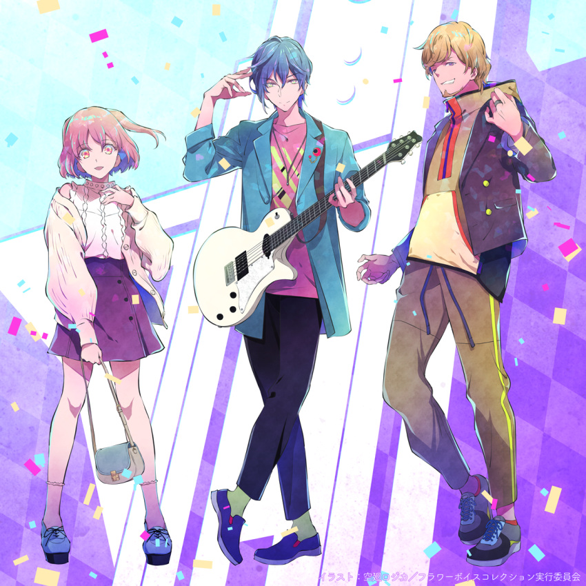 1girl 2boys bag beard black_pants blue_footwear blue_hair blue_jacket blue_sky brown_pants facial_hair guitar handbag highres instrument jacket jewelry logi_(logica+physica) long_sleeves multiple_boys official_art orange_eyes pants pink_hair purple_skirt ring shoes short_hair skirt sky sneakers socks standing