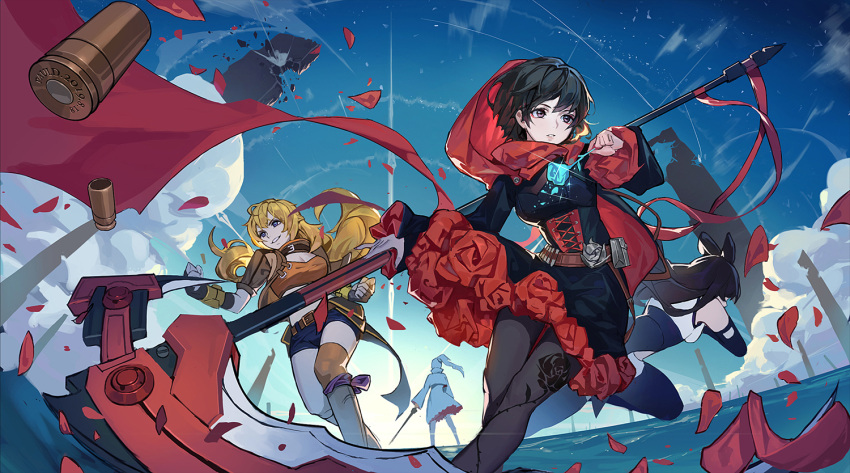 4girls back black_hair black_legwear black_shorts blake_belladonna blonde_hair blue_flower blue_rose blue_sky bullet cape closed_mouth clouds dress family flower frilled_dress frills grey_eyes holding holding_flower holding_scythe holding_sword holding_weapon hood hooded_cape long_hair long_sleeves looking_to_the_side multiple_girls pantyhose pauld ponytail rapier red_cape rose ruby_rose running rwby scythe short_hair shorts siblings sky smile standing sword weapon weiss_schnee yang_xiao_long