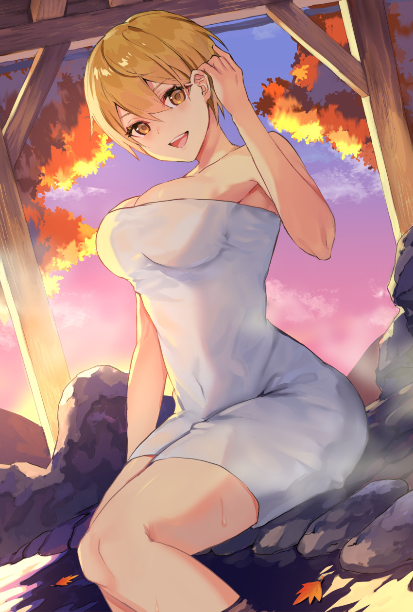 1girl :d absurdres autumn autumn_leaves backlighting bangs blonde_hair blush breasts brown_eyes clouds covered_navel dripping dutch_angle evening gradient_sky hair_between_eyes hair_tucking hand_up head_tilt highres huge_filesize impossible_towel large_breasts leaf looking_at_viewer naked_towel onsen open_mouth original outdoors rock see-through short_hair sitting sky smile soaking_feet solo steam sunlight suusuke towel water wet wet_towel