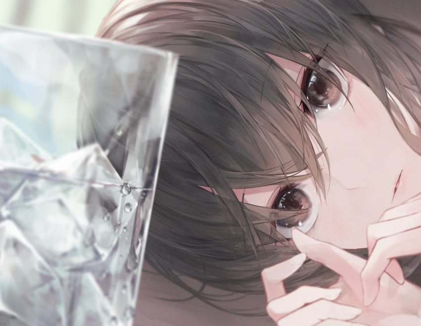 1girl absurdres blurry blurry_background brown_eyes brown_hair condensation crystalherb glass highres ice ice_cube looking_at_viewer lying on_side original solo symbol_commentary