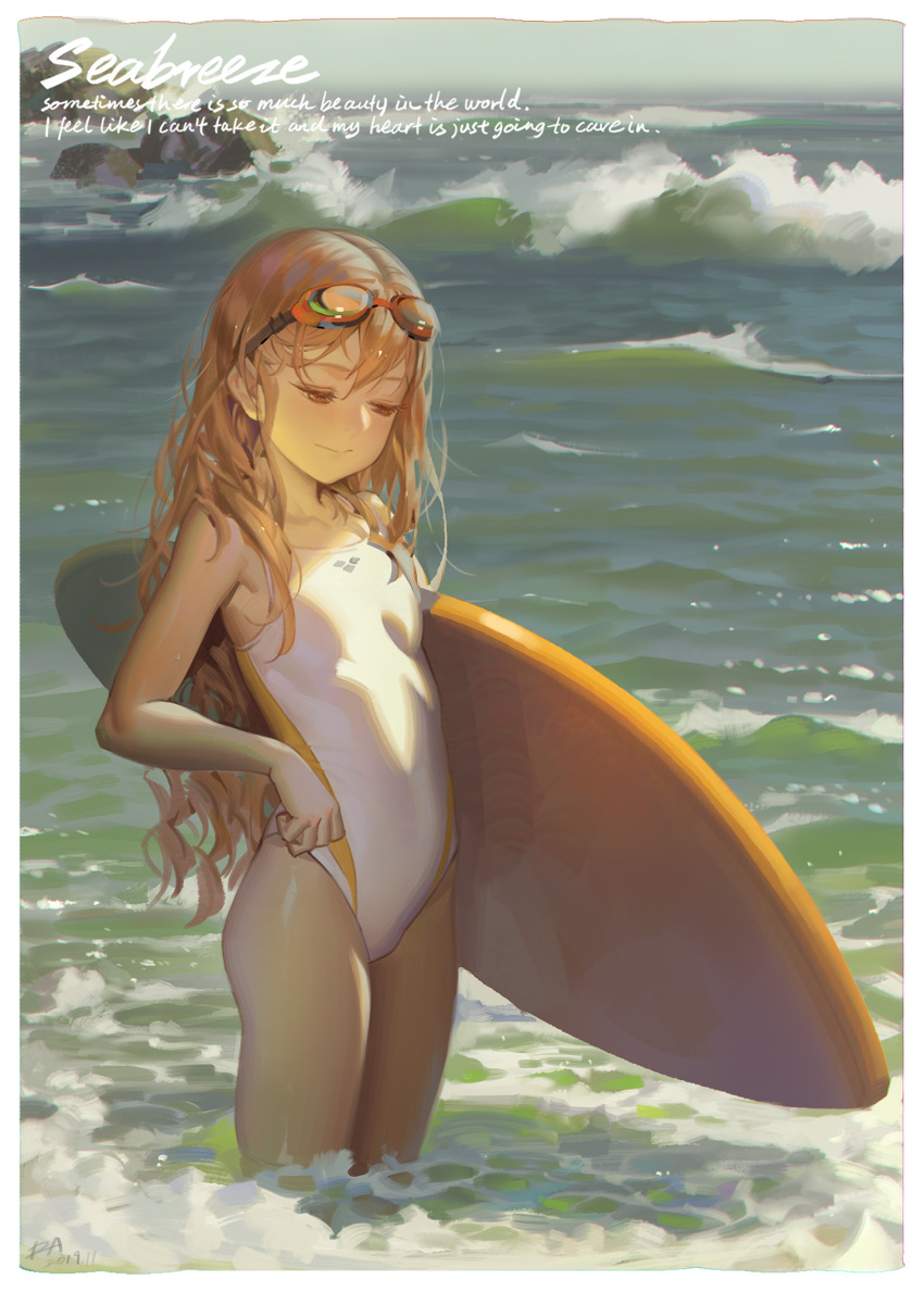 1girl alphonse_(white_datura) bangs bare_arms bare_shoulders border breasts brown_eyes brown_hair closed_mouth competition_swimsuit day english_text goggles goggles_on_head highres long_hair looking_down ocean one-piece_swimsuit original small_breasts smile solo sunlight surfboard swimsuit thighs very_long_hair wading water waves white_border white_swimsuit