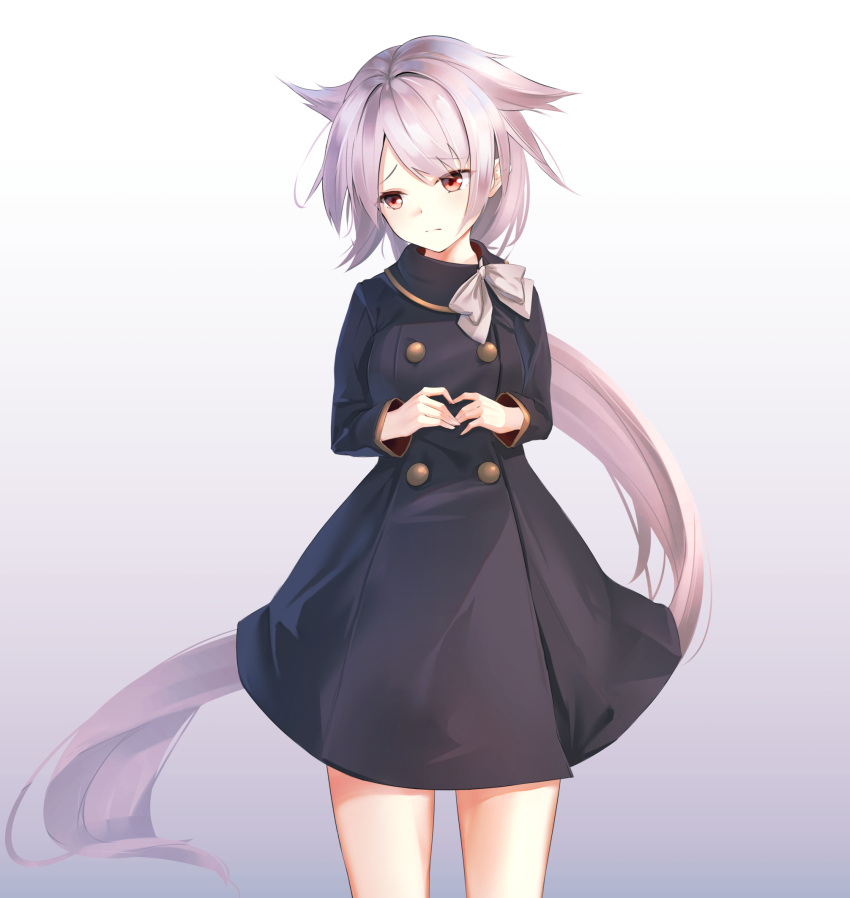 1girl alternate_costume azur_lane bangs bare_thighs black_dress commentary_request cowboy_shot double-breasted dress frown gradient gradient_background grey_background grey_hair head_tilt highres ka11_ca long_hair long_ponytail long_sleeves montpelier_(azur_lane) ponytail red_eyes simple_background solo standing very_long_hair
