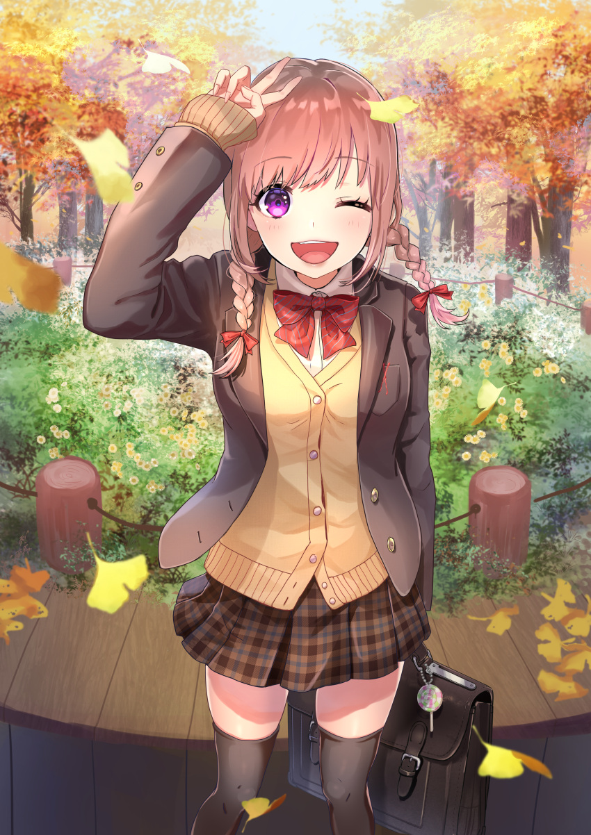 1girl ;d absurdres amenomuri arm_up bag blazer bookbag bow braid brown_hair brown_skirt day ginkgo_leaf highres huge_filesize jacket long_hair one_eye_closed open_mouth outdoors plaid plaid_skirt red_bow school_uniform skirt smile solo standing thigh-highs tree twin_braids uniform v violet_eyes