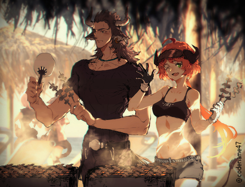 1boy 3girls ;d ahoge animal_ears arknights artist_name barbecue belt black_gloves black_shirt black_shorts blurry blurry_background character_request codename47 cow_ears cow_horns croissant_(arknights) fan gloves green_eyes highres horns long_hair looking_at_viewer matterhorn_(arknights) mismatched_gloves multiple_girls navel one_eye_closed open_mouth shirt short_hair short_shorts short_sleeves shorts skewer smile visor white_gloves