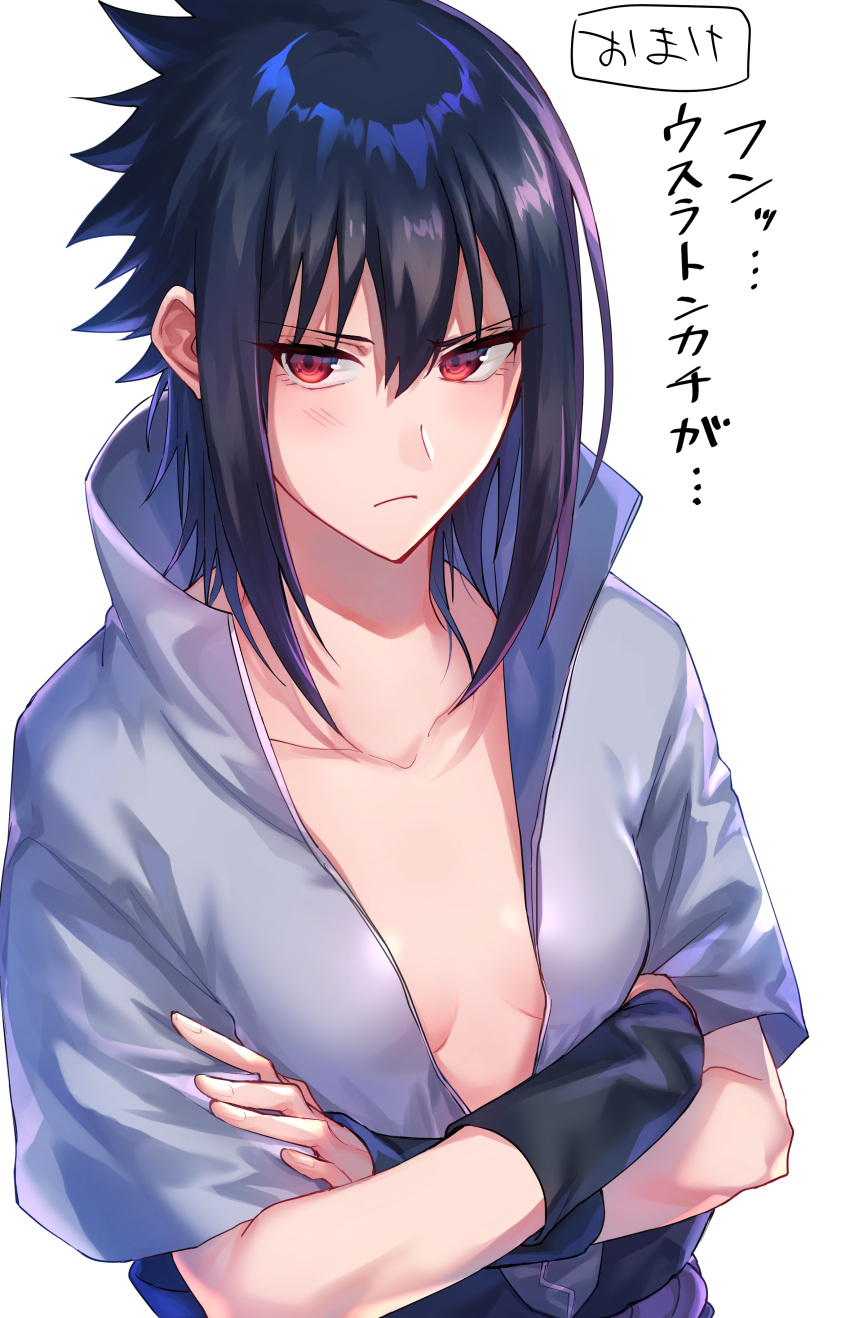 1girl absurdres arm_warmers bangs betti_(maron) black_hair breasts breasts_apart closed_mouth collarbone commentary_request crossed_arms eyebrows_visible_through_hair eyelashes fingernails genderswap genderswap_(mtf) hair_between_eyes high_collar highres looking_at_viewer naruto naruto_(series) open_clothes red_eyes ringed_eyes sharingan short_hair short_sleeves sidelocks simple_background small_breasts solo translated uchiha_sasuke upper_body v-shaped_eyebrows white_background