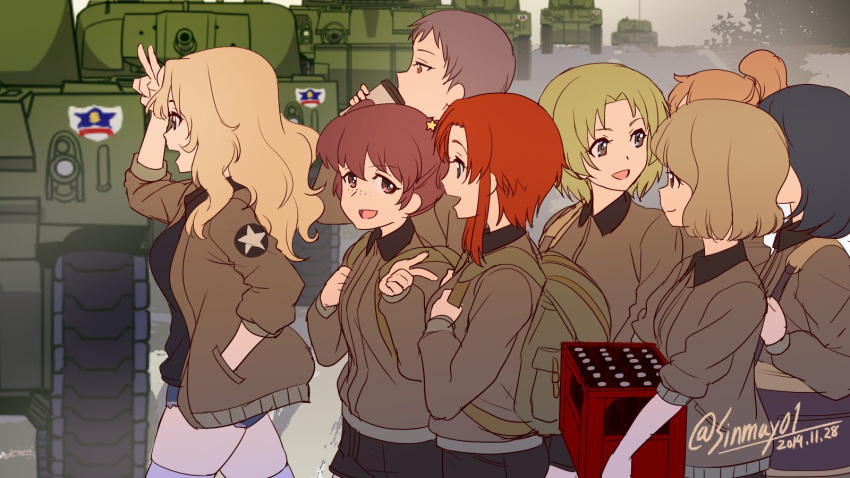 6+girls alisa_(girls_und_panzer) backpack bag bangs bomber_jacket brown_eyes brown_hair character_request crate denim denim_shorts emblem freckles girls_und_panzer ground_vehicle hair_ornament highres jacket kay_(girls_und_panzer) m4_sherman military military_vehicle motor_vehicle multiple_girls naomi_(girls_und_panzer) orange_hair road salute saunders_(emblem) saunders_military_uniform shinmai_(kyata) short_hair short_twintails shorts soda_bottle star star_hair_ornament tank thigh-highs twintails very_short_hair walking