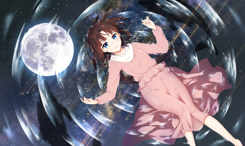 1girl absurdres afloat bangs blue_eyes blush brown_hair closed_mouth commentary_request dress feet_out_of_frame frilled_dress frills from_above full_body highres long_hair long_sleeves looking_at_viewer lying mimamui night night_sky on_back original pink_dress reflection ripples sky smile solo star_(sky) starry_sky water