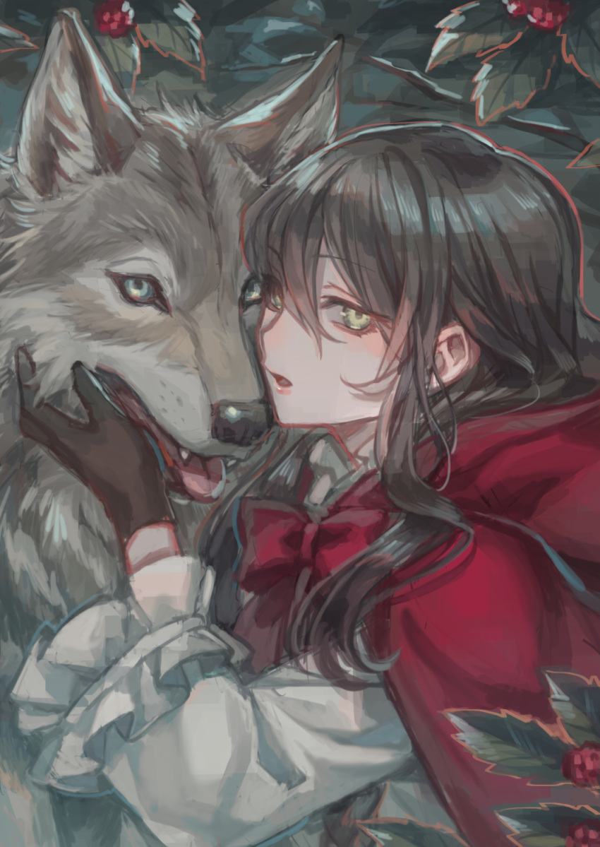 1girl animal bangs black_hair cheek-to-cheek fangs frills gloves green_eyes hair_between_eyes highres leaf little_red_riding_hood little_red_riding_hood_(grimm) long_hair original tongue upper_body wolf zoff_(daria)