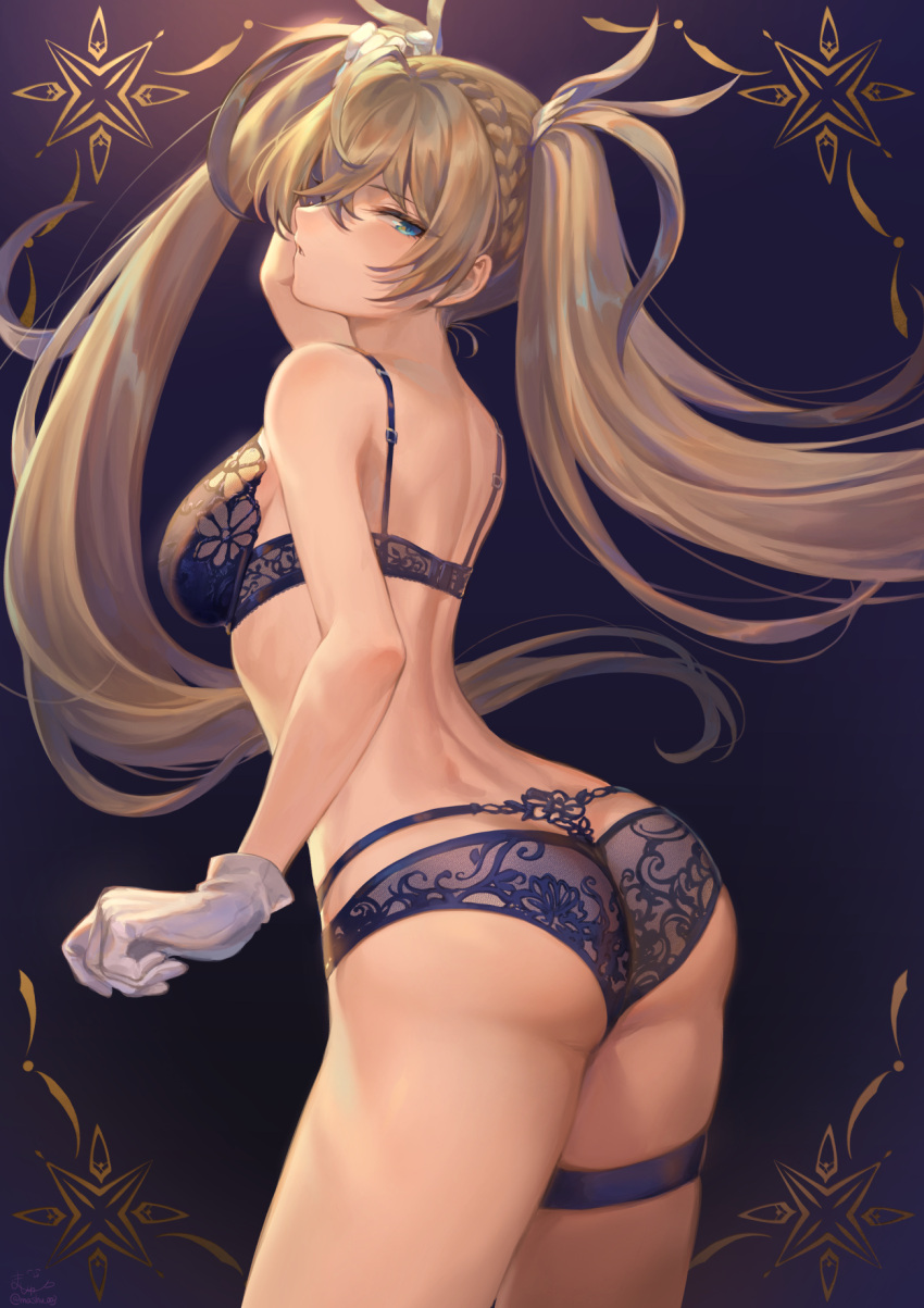 1girl arm_up ass back bangs bare_shoulders blonde_hair blue_bra blue_eyes blue_panties blush bra bradamante_(fate/grand_order) braid breasts commentary_request eyebrows_visible_through_hair fate/grand_order fate_(series) french_braid gloves gradient gradient_background hair_between_eyes highres large_breasts lingerie long_hair looking_at_viewer mashuu_(neko_no_oyashiro) panties parted_lips shoulder_blades sidelocks solo thigh_strap thighs twintails underwear underwear_only very_long_hair