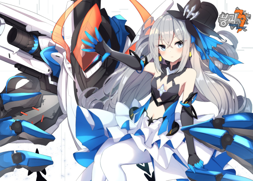 1girl bare_shoulders breasts bronya_zaychik bronya_zaychik_(herrscher_of_reason) cannon center_opening closed_mouth copyright_name dress elbow_gloves gloves grey_eyes honkai_(series) honkai_impact_3rd layered_dress long_hair looking_at_viewer mecha outstretched_arm pantyhose project_bunny silver_hair sitting small_breasts solo stomach v-shaped_eyebrows very_long_hair w.k white_dress white_legwear