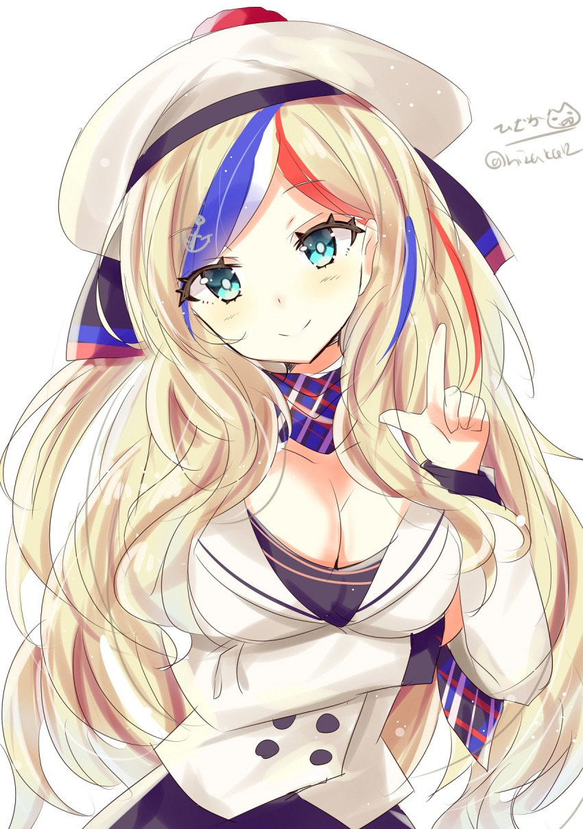 1girl anchor_hair_ornament beret blonde_hair blue_eyes blue_hair blush breasts closed_mouth commandant_teste_(kantai_collection) eyebrows_visible_through_hair french_flag hair_between_eyes hair_ornament hat highres hizaka jacket kantai_collection large_breasts long_hair long_sleeves looking_at_viewer multicolored multicolored_clothes multicolored_hair multicolored_scarf plaid plaid_scarf pom_pom_(clothes) redhead scarf smile solo streaked_hair wavy_hair white_hair