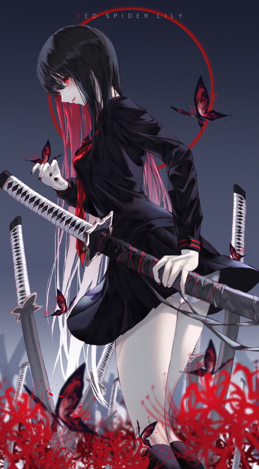 1girl akame akame_ga_kill! black_hair black_legwear black_nails bug butterfly flower gradient gradient_background highres holding holding_sword holding_weapon insect katana long_hair neon_(pixiv_31150749) original panties pantyshot parted_lips red_eyes red_nails scabbard school_uniform serafuku sheath sheathed solo spider_lily square_enix sword underwear very_long_hair weapon white_fox_(company) white_panties