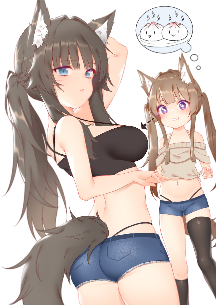 +_+ 2girls animal_ear_fluff animal_ears arm_up ass asymmetrical_legwear baozi bare_arms bare_shoulders black_hair black_legwear black_shirt blue_eyes blue_shorts braid breasts brown_hair brown_shirt crop_top denim denim_shorts directional_arrow drooling food fox_ears fox_girl fox_tail hair_intakes highleg highres large_breasts long_hair looking_at_breasts looking_at_viewer looking_back midriff multiple_girls navel off-shoulder_shirt off_shoulder open_mouth original parted_lips shirt short_shorts shorts simple_background sleeveless sleeveless_shirt smile spaghetti_strap standing stomach strap_gap tail thigh-highs thighs thought_bubble twintails violet_eyes white_background zhaofeng_yinyue