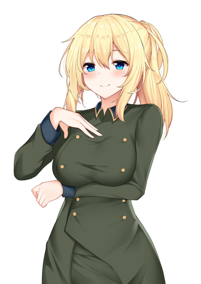 1girl arm_under_breasts bangs blue_eyes blush breast_hold breasts closed_mouth collared_dress commentary_request dress eyebrows_visible_through_hair green_dress hair_between_eyes hand_up highres kurigura_(sketch_san) large_breasts long_hair long_sleeves looking_at_viewer military military_uniform original ponytail sidelocks simple_background smile solo uniform white_background