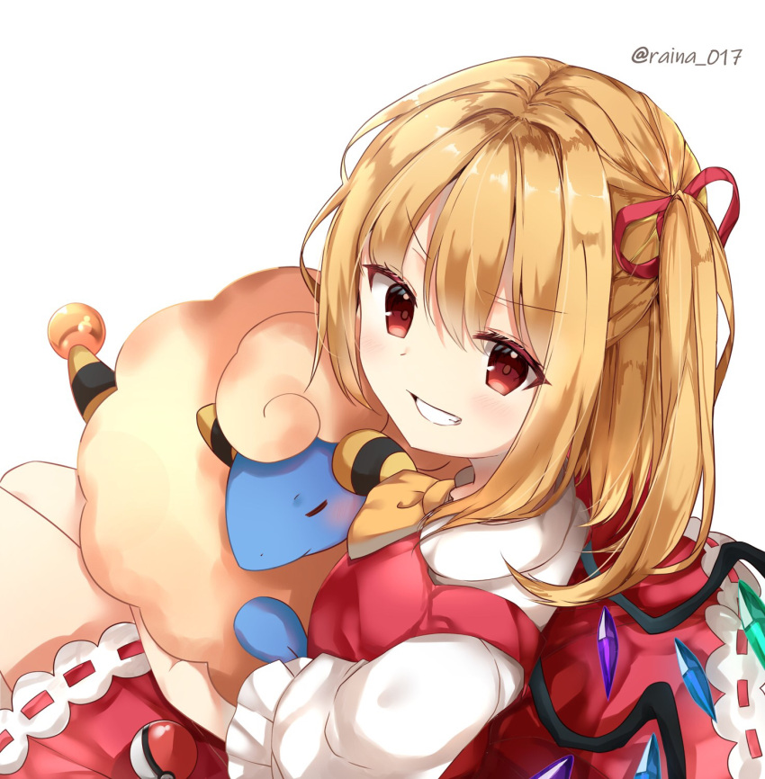 1girl artist_name ascot bangs blonde_hair blush commentary_request crystal dress eyebrows_visible_through_hair flandre_scarlet grin hair_ribbon highres holding holding_pokemon looking_at_viewer mareep no_hat no_headwear one_side_up poke_ball pokemon pokemon_(creature) puffy_short_sleeves puffy_sleeves raina_017 red_dress red_eyes red_ribbon ribbon shirt short_sleeves simple_background sitting smile touhou twitter_username white_background white_shirt wings yellow_neckwear