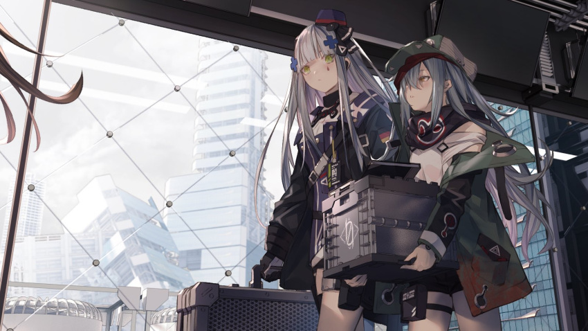 2girls 404_logo_(girls_frontline) artist_request blue_hair box building carrying city cityscape commentary_request g11_(girls_frontline) german_flag girls_frontline green_eyes hat highres hk416_(girls_frontline) iron_cross jacket long_hair looking_at_another messy_hair mini_hat mod3_(girls_frontline) multiple_girls scenery silver_hair suitcase window
