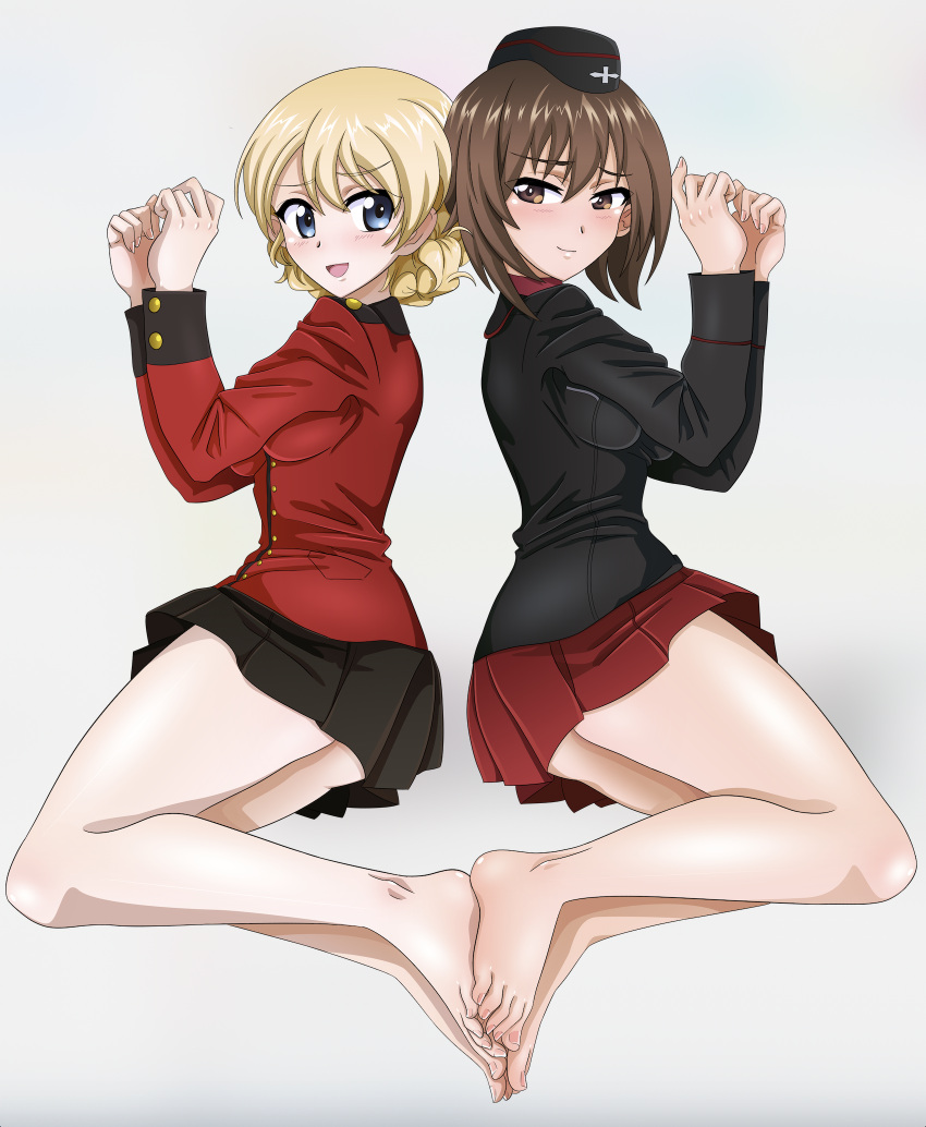 2girls bare_legs barefoot black_skirt blonde_hair blue_eyes blush braid breasts brown_eyes brown_hair closed_mouth darjeeling eyebrows_visible_through_hair feet feet_together footsies french_braid girls_und_panzer hair_between_eyes hands_together hat highres kuromorimine_military_uniform leenvidia looking_at_another looking_back lying medium_breasts military military_uniform multiple_girls nishizumi_maho on_side open_mouth red_skirt shiny shiny_hair shiny_skin short_hair simple_background skirt st._gloriana's_military_uniform thighs uniform yuri