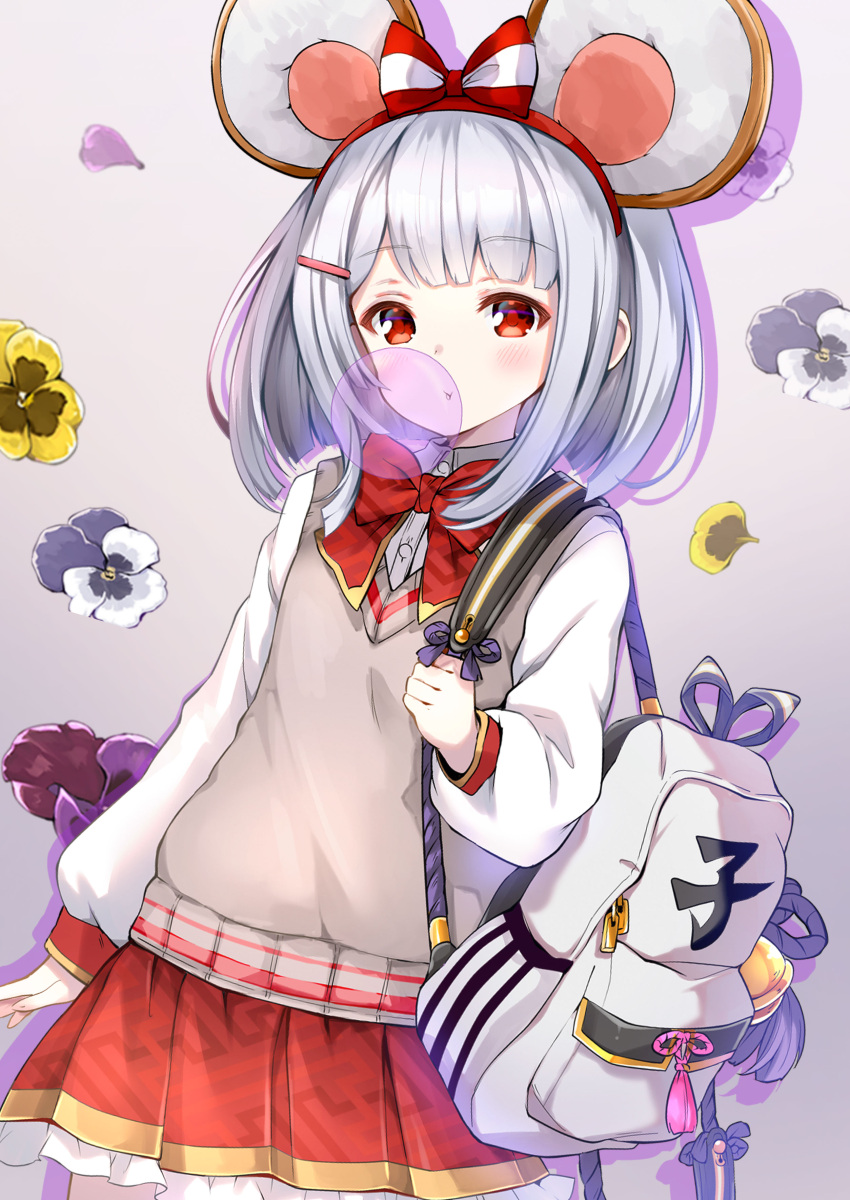 1girl absurdres animal_ears backpack bag bangs blush bow brown_background bubble_blowing chewing_gum collared_shirt commentary_request dress_shirt eyebrows_visible_through_hair floral_background frilled_skirt frills granblue_fantasy grey_hair hair_bow highres long_sleeves looking_at_viewer mouse_ears pilokey pleated_skirt puffy_long_sleeves puffy_sleeves red_bow red_eyes red_skirt shirt skirt solo sweater_vest vikala_(granblue_fantasy) white_shirt