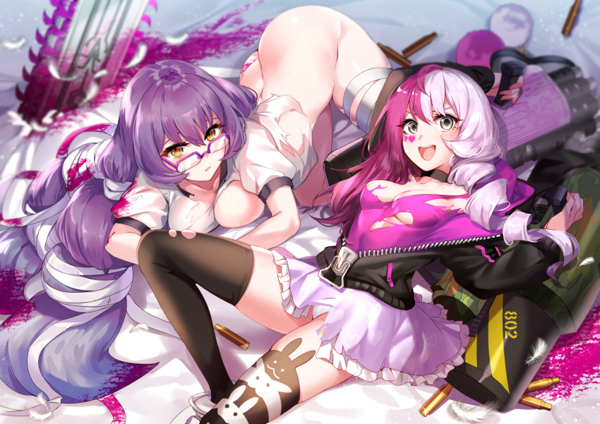 #compass 2girls aki663 asymmetrical_hair bandaged_leg bandages blood blood_splatter bottomless breasts chainsaw drill_hair facial_mark frilled_skirt frills glasses heart holding holding_weapon jacket long_hair looking_at_viewer lying medium_breasts megumegu multi-tied_hair multicolored_hair multiple_girls no_bra official_art on_back on_stomach open_clothes open_jacket open_mouth over-rim_eyewear pink_hair ponytail purple-framed_eyewear purple_blood purple_hair semi-rimless_eyewear shell_casing skirt soubiki_noho thigh-highs torn_clothes twin_drills two-tone_hair very_long_hair weapon yellow_eyes zipper zipper_pull_tab