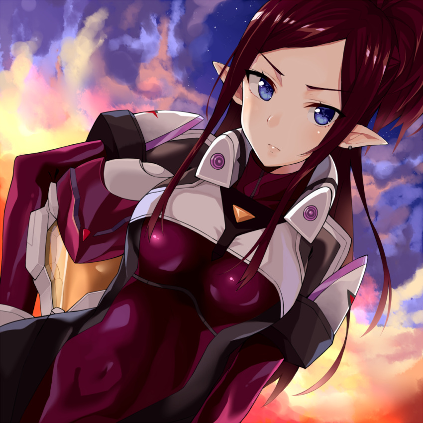 1girl bangs blue_eyes bodysuit breasts brown_hair carrying_under_arm closed_mouth clouds cloudy_sky covered_navel ear_piercing forehead gomashi_(goma) headwear_removed helmet helmet_removed long_hair looking_at_viewer macross macross_delta medium_breasts mirage_farina_jenius night night_sky outdoors parted_bangs piercing pilot_suit pointy_ears purple_bodysuit sidelocks sky solo star_(sky) upper_body v-shaped_eyebrows very_long_hair