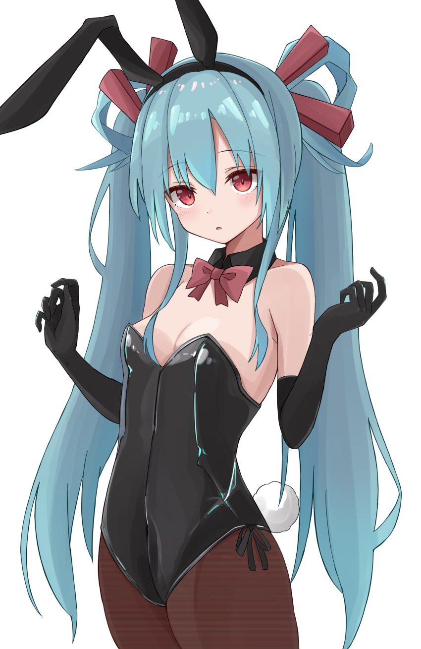 1girl animal_ears apron aqua_hair bare_shoulders beatmania beatmania_iidx black_legwear black_leotard blush bow bowtie bunny_tail detached_collar ear_blush fake_animal_ears fake_tail hair_rings highres leotard long_hair looking_at_viewer maud maud0239 pantyhose parted_lips playboy_bunny rabbit_ears red_eyes red_neckwear skin_tight solo strapless strapless_leotard surprised tail twintails waist_apron wing_collar