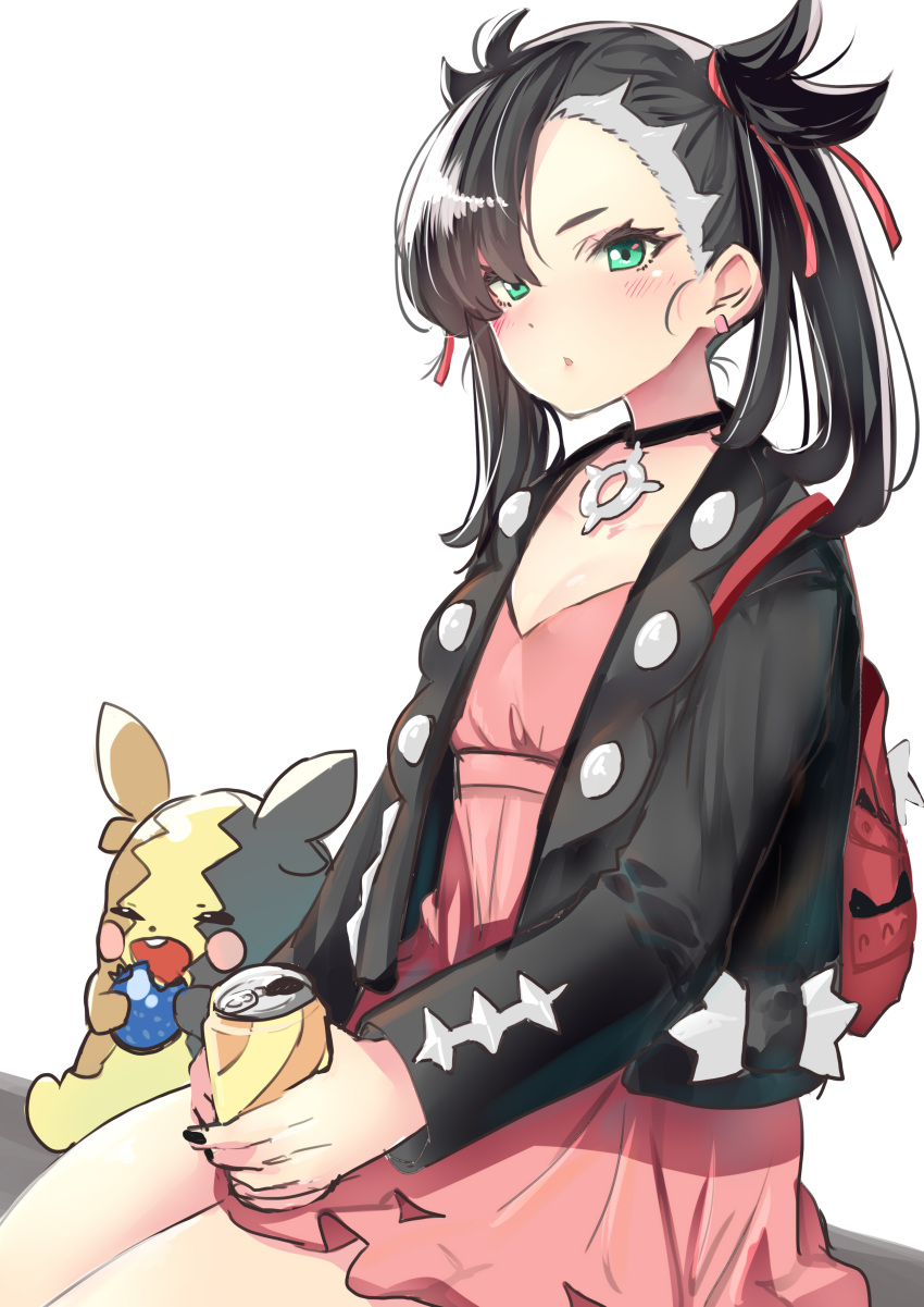 1girl :o absurdres asymmetrical_bangs backpack bag bangs berries black_choker black_jacket black_nails blush can choker commentary_request dress e-co earrings eating gen_8_pokemon green_eyes hair_over_one_eye hair_ribbon highres holding holding_can jacket jewelry long_hair long_sleeves looking_at_viewer mary_(pokemon) morpeko nail_polish open_clothes open_jacket parted_lips pink_dress pokemon pokemon_(creature) pokemon_(game) pokemon_swsh red_ribbon ribbon simple_background sitting soda_can twintails white_background