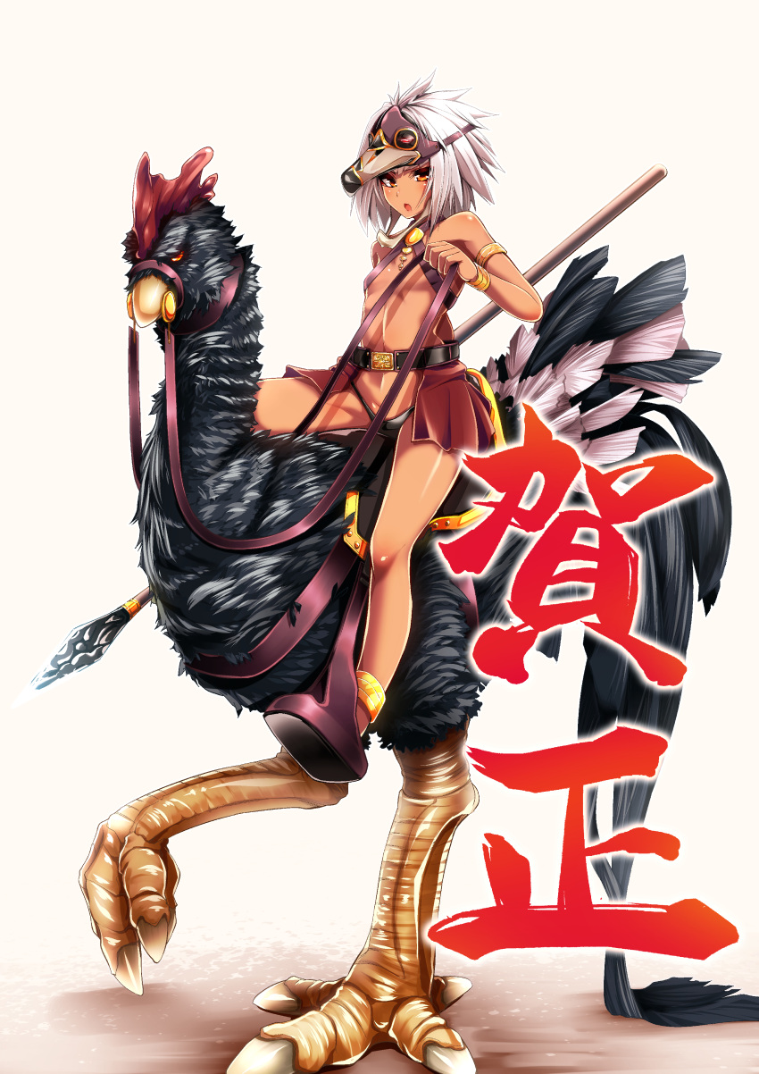 1girl 2017 absurdres armlet black_panties blush bracelet chinese_zodiac dark_skin flat_chest highres holding holding_weapon jewelry keigen_hichou looking_at_viewer mask mask_on_head nengajou new_year open_mouth orange_eyes original panties polearm revealing_clothes riding saddle short_hair silver_hair spear spiky_hair tsurime underwear weapon year_of_the_rooster